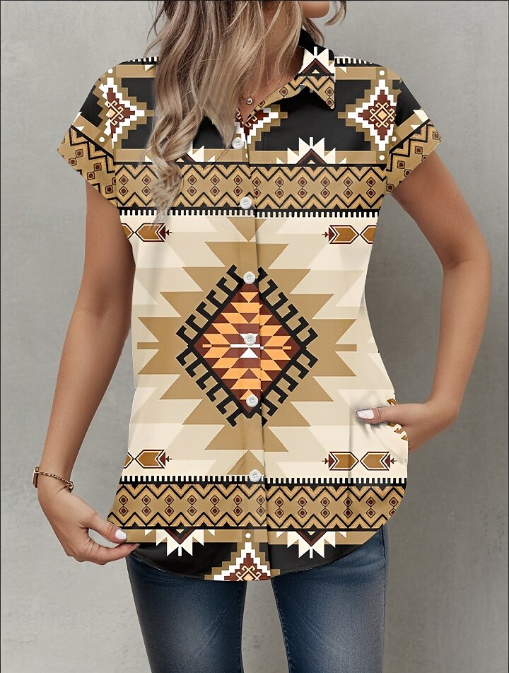 Dames Overhemd Geometrisch Dagelijks Korte mouw Kap Overhemdkraag Lange tops Dagelijks Geel Zomer 2025 - $25.99 –P1