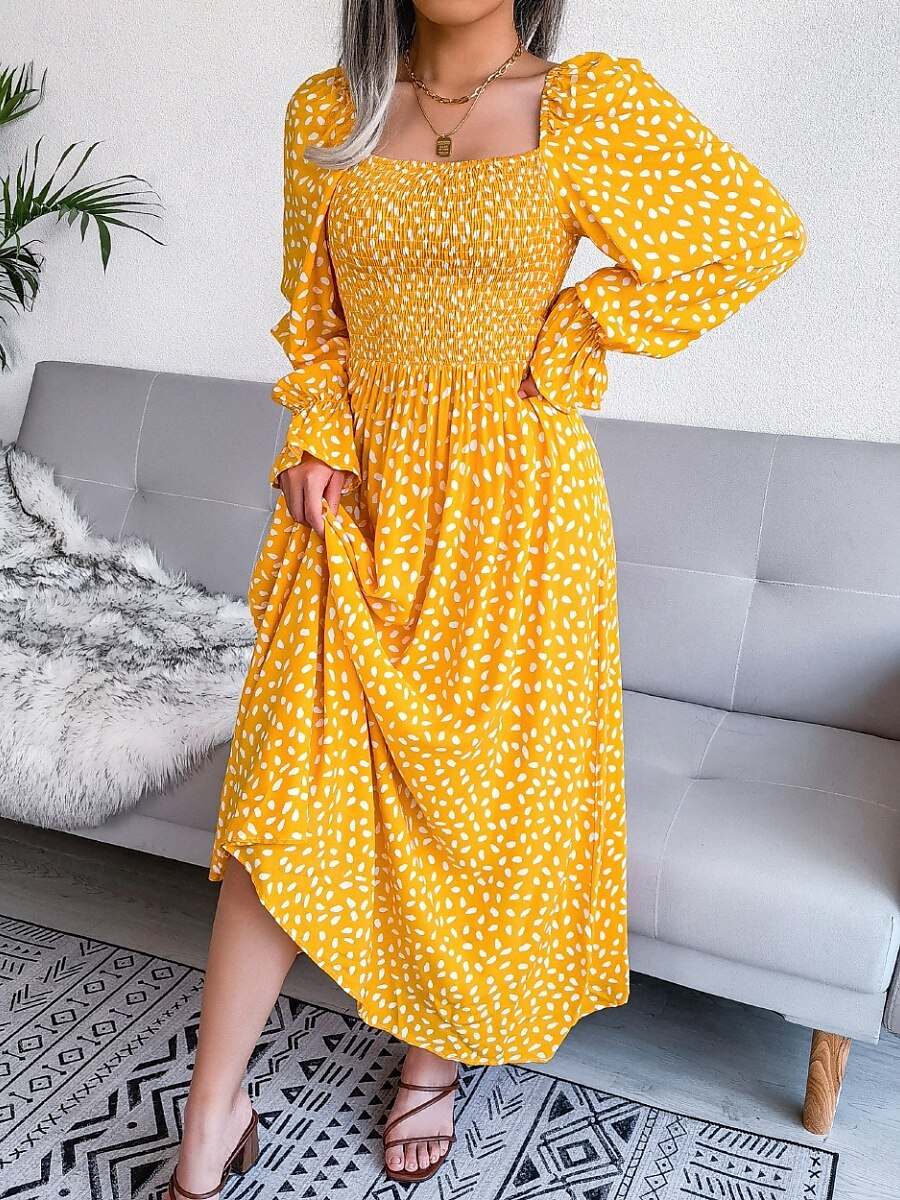 Femme Robe Maxi Robe Maxi Robe de laitière Robe smockée Soirée Hawaïen mode Vacances Travail du quotidien Standard Pois manche longue Col Carré Jaune Rose Claire Printemps Automne de 2025 ? $33.99 –P5