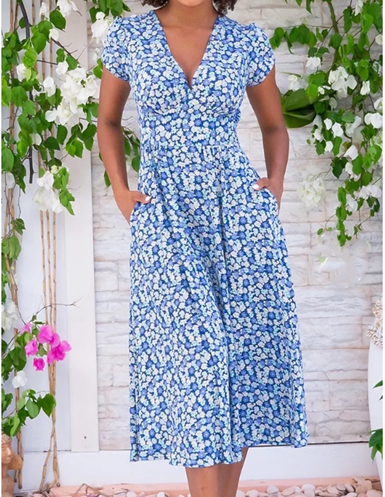 női munkaruha alkalmi ruha vonalas ruha elegáns irodai napi munkadivat midi ruha zseb v nyak rövid ujjú virágos szabályos szabás sárga piros kék nyári tavaszi s m l xl 2xl 2025 - $25.99 –P1