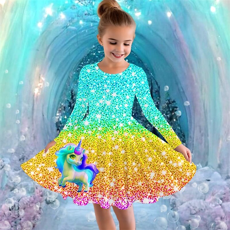 Mädchen' 3D Graphic Einhorn Kleid Langarm Sommer Frühling Urlaub Täglich Festtage Prinzessin Schön Süß kinderkleidung 4-12 Jahre Casual kleid A Linie Kleid Knielang Regular Fit 2025 - $16.99 –P3