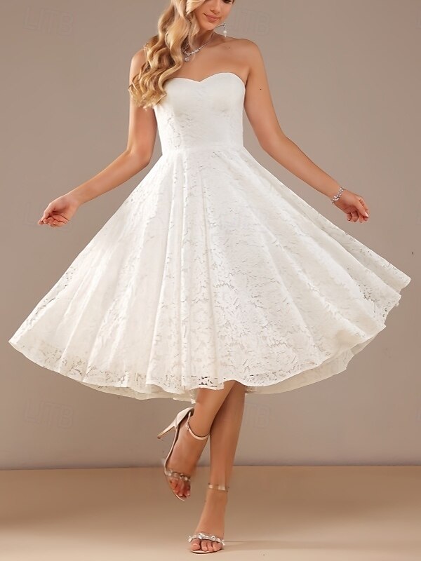 Boho Tea Length Strapless White Lace Midi Wedding Dress Engagement Little  White Dresses Wedding Dresses A-Line Sweetheart Sleeveless Tea Length Satin  Bridal Gowns With Solid Color 2026 AU
