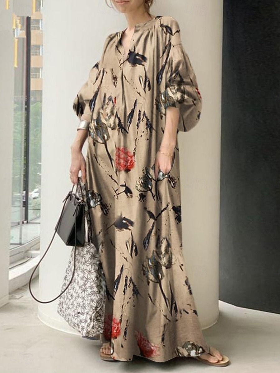 Damen Maxikleid Leinen-inspirierte Kleider Schwingkleid Elegant Urlaub Täglich Lässiger Schnitt Blumen Langarm V Ausschnitt Hellgrün Beige Frühling Herbst 2025 - $36.99 –P1