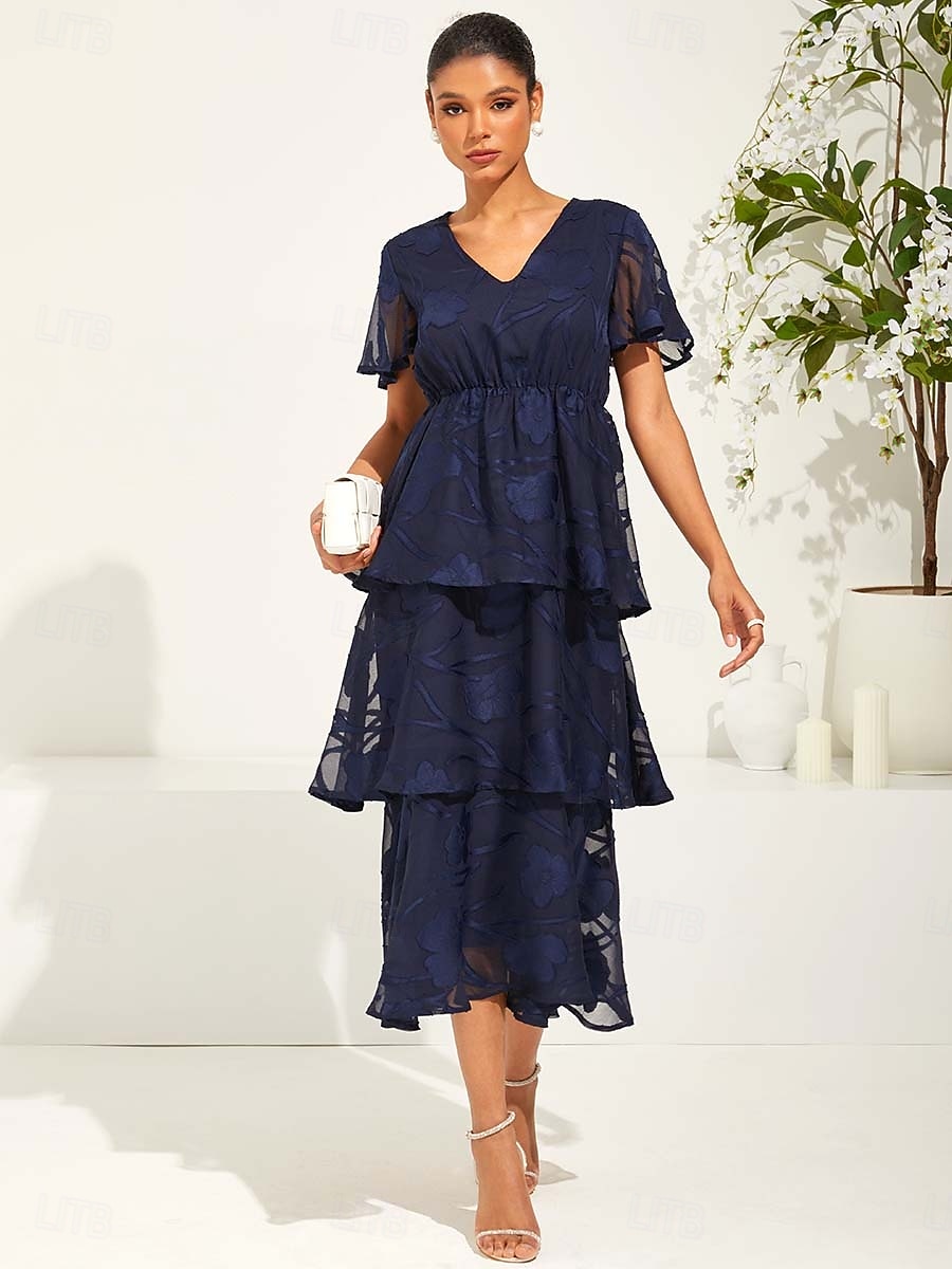 Damen Maxidress A Linie Kleid Elegant Ausgefallene Flattrige Ärmel kleid hochzeitsgast Cocktailparty Regular Fit Glatt Kurzarm V Ausschnitt Dunkelblau Sommer 2025 - $59.99 –P4