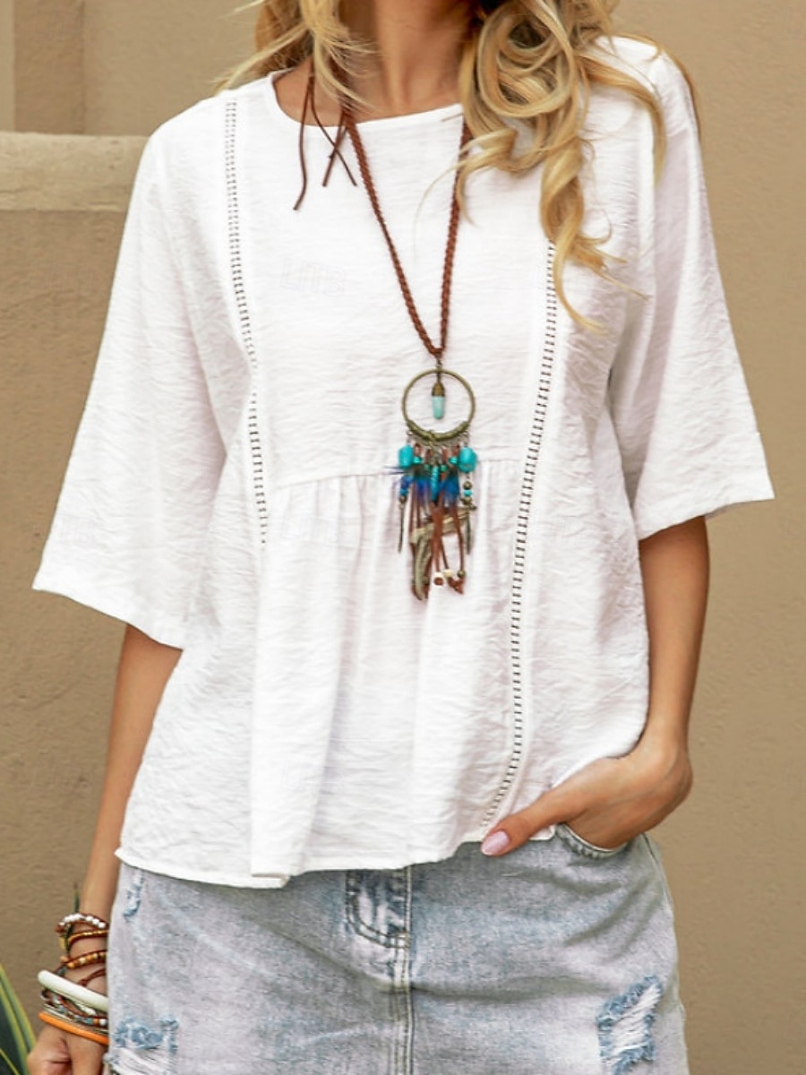 Women's Shirt Blouse Cotton Linen Shirts Solid Color Basic Casual 3/4 Length Sleeve Crew Neck Regular Tops Daily White Summer Spring 2025 - $27.99 –P1