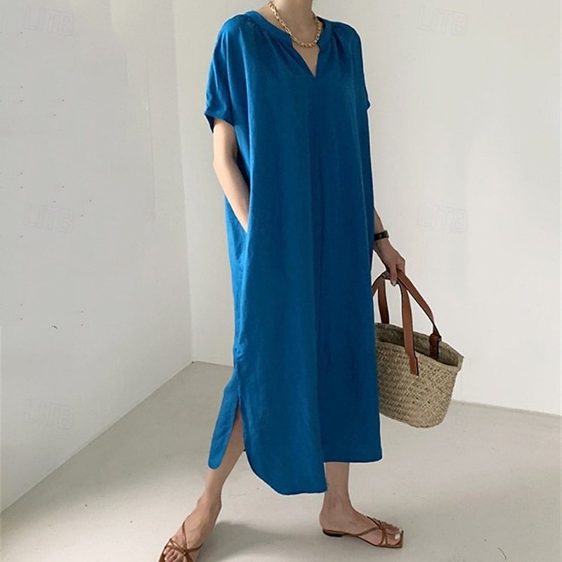 Per donna Abito Lungo Maxi Abito Abiti ispirati al lino Vestito Casual Abito in cotone e lino Elegante Casual Vacanza Quotidiano Data Vestibilità regolare Semplice Manica Corta Scollo a V Blu Estate del 2025 a $26.99 –P8