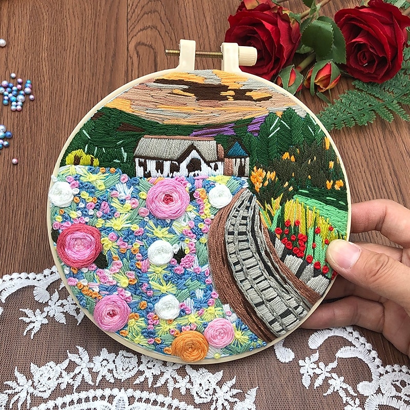 2025年 大人の初心者向け刺繍スターターキット、風景、木、山、川、花、自然の風景のパターン、手刺繍セット、DIYクロスステッチキット、フープ、針、糸付き  コレクション – $9.99 –P3