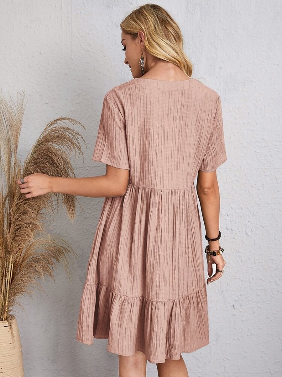 abito da lavoro da donna abito casual abito a trapezio elegante da ufficio quotidiano abito lungo abito lungo patchwork scollo a V manica corta tinta unita vestibilità regolare nero rosa rosso estate del 2025 a $21.99 –P16