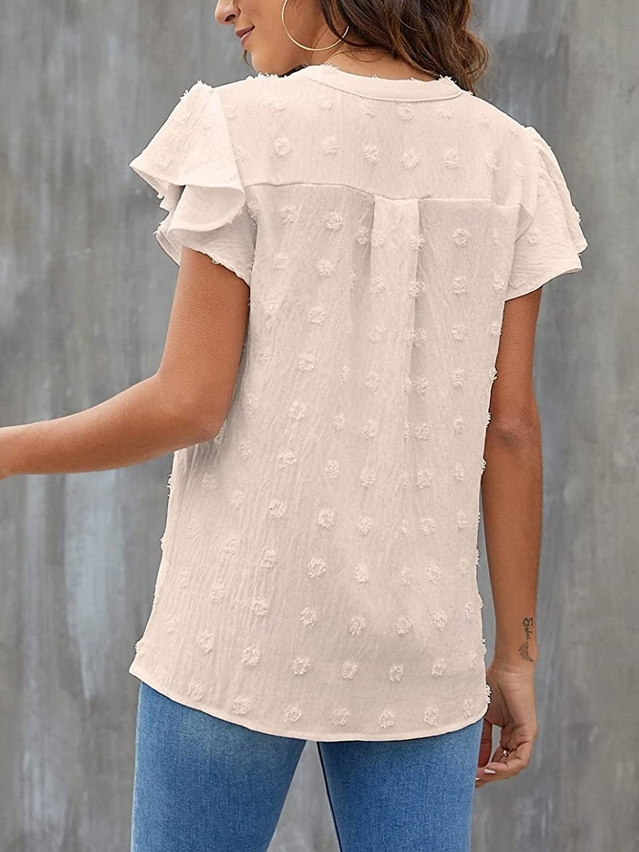 Femme Chemise Chemisier Couleur unie mode Décontractées Manche Courte Col cranté Hauts réguliers du quotidien A Volants Blanche Beige Eté de 2025 ? $23.99 –P7