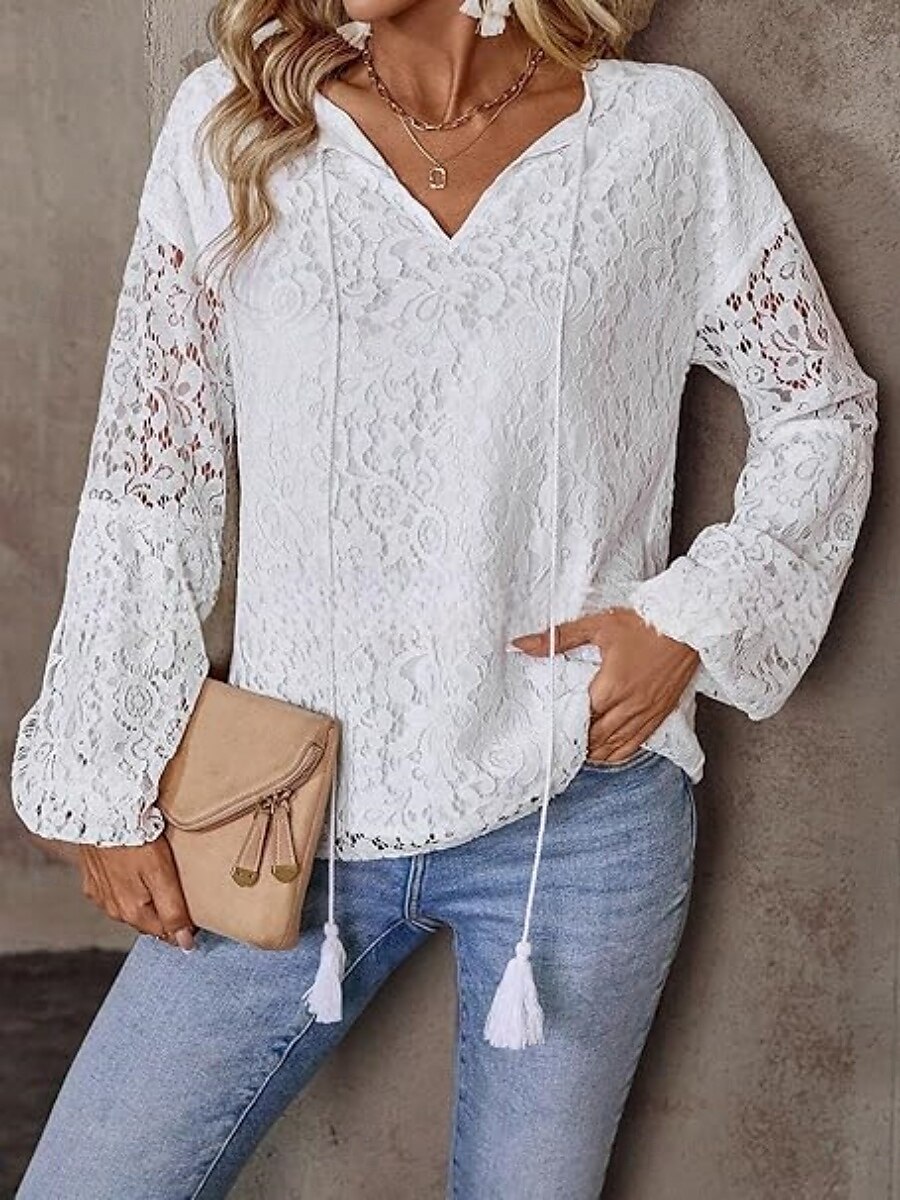 Top in pizzo bianco elegante da donna con occhiello blusa casual colore solido regolare maniche lunghe scollatura a V patchwork in pizzo regolare quotidiano romantico top petite estivi per le vacanze del 2025 a $34.99 –P1