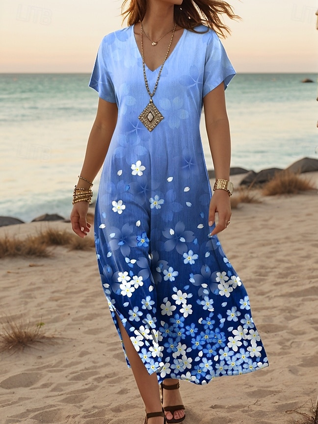 Women's Maxi Dress Sundress Shift Dress Stylish Casual Drop Shoulder Vacation Daily Regular Fit Floral Short Sleeve V Neck Blue Spring Fall 2025 - $28.99 –P1