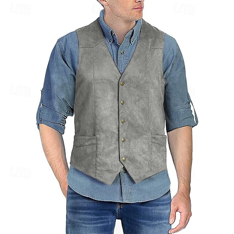 Homme Gilet en daim Usage quotidien Vacances Sortie Style vintage Chic et moderne Printemps & Automne Bouton Polyester Confortable Plein Boutonnage Simple Col V Standard Noir Marron Café Gris Gilet de 2025 ? $39.99 –P7