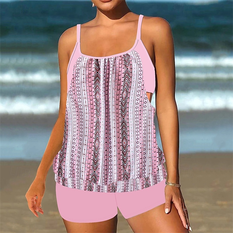 Women's Tankini Two Piece Swimsuit Racerback Swimwear Swimwear Light Pink Black / White Breathable Quick Dry Lightweight Sleeveless - Swimming Surfing Beach Summer Spring Plus Size 2025 - $26.99 –P2