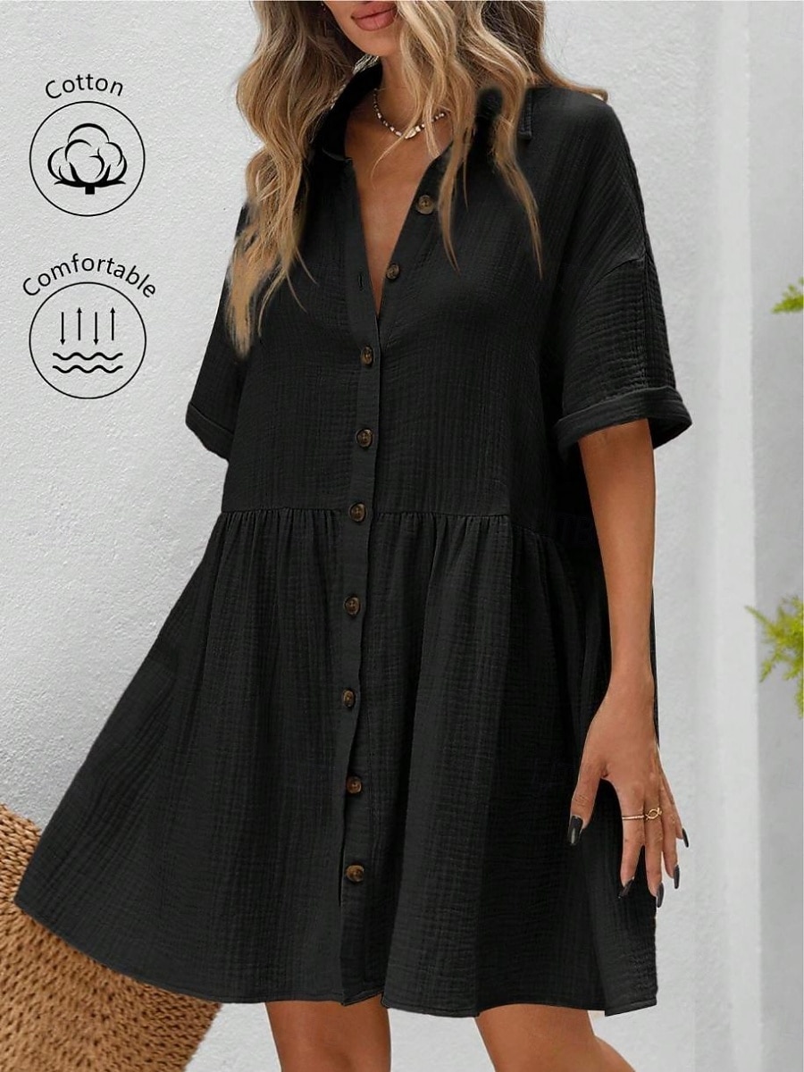 Robe-chemise courte pour femme, basique, décontractée, pour le quotidien, les vacances, coupe classique, manches courtes, col, noir, rose, abricot, été de 2026 ? $31.99 –P7