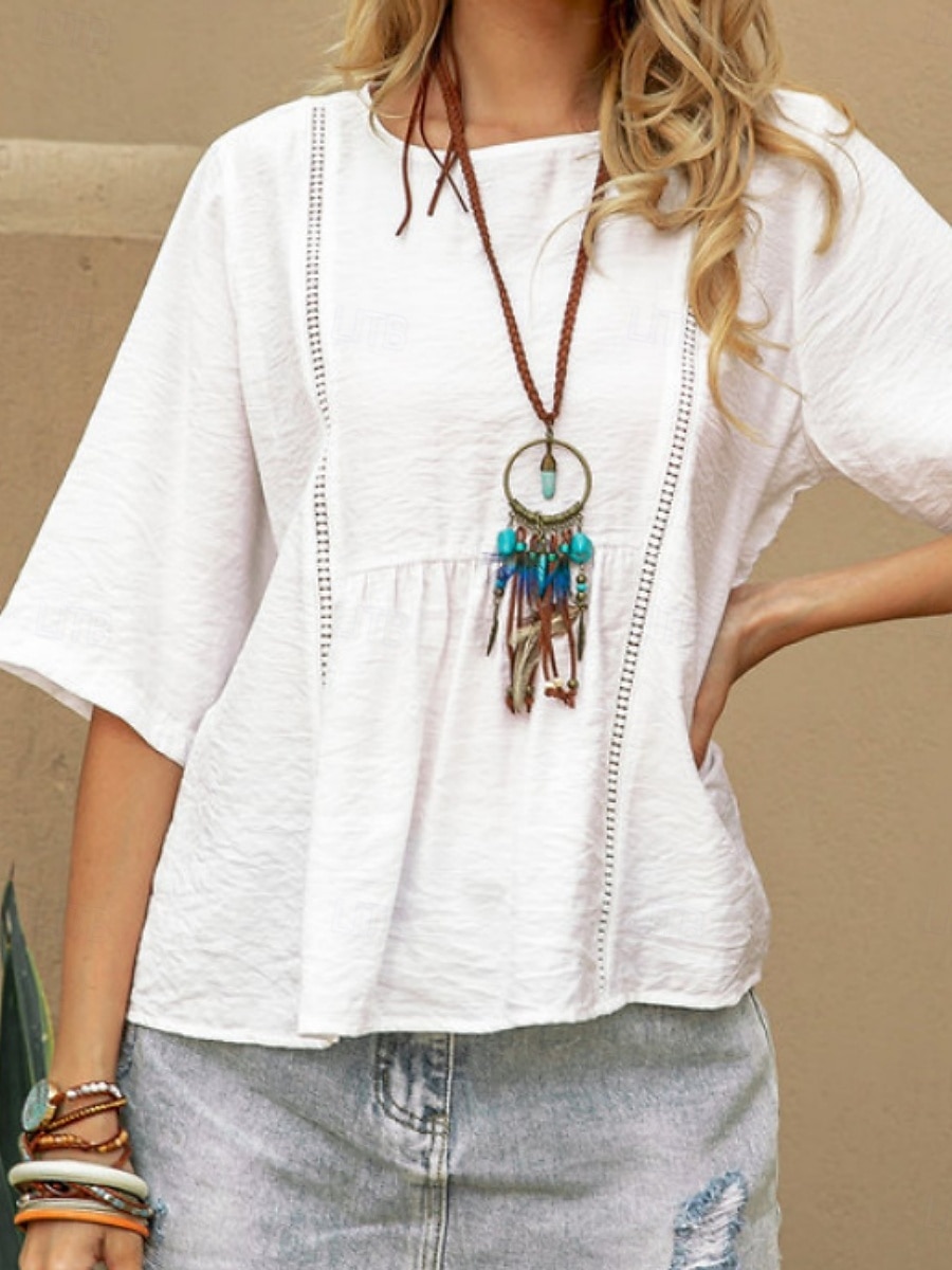 Women's Shirt Blouse Cotton Linen Shirts Solid Color Basic Casual 3/4 Length Sleeve Crew Neck Regular Tops Daily White Summer Spring 2025 - $27.99 –P3