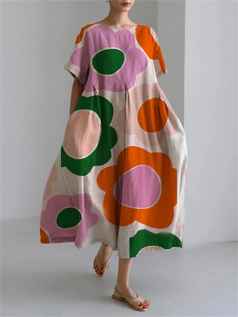 Pentru femei Rochii Midi Rochii inspirate din in Rochie casual Rochie din in bumbac Elegant Stilat Casual Vacanță Zilnic Dată Potrivire Largă Grafic Manșon scurt Stil Nautic Portocaliu Vară Primăvară 2025 - $28.99 –P3