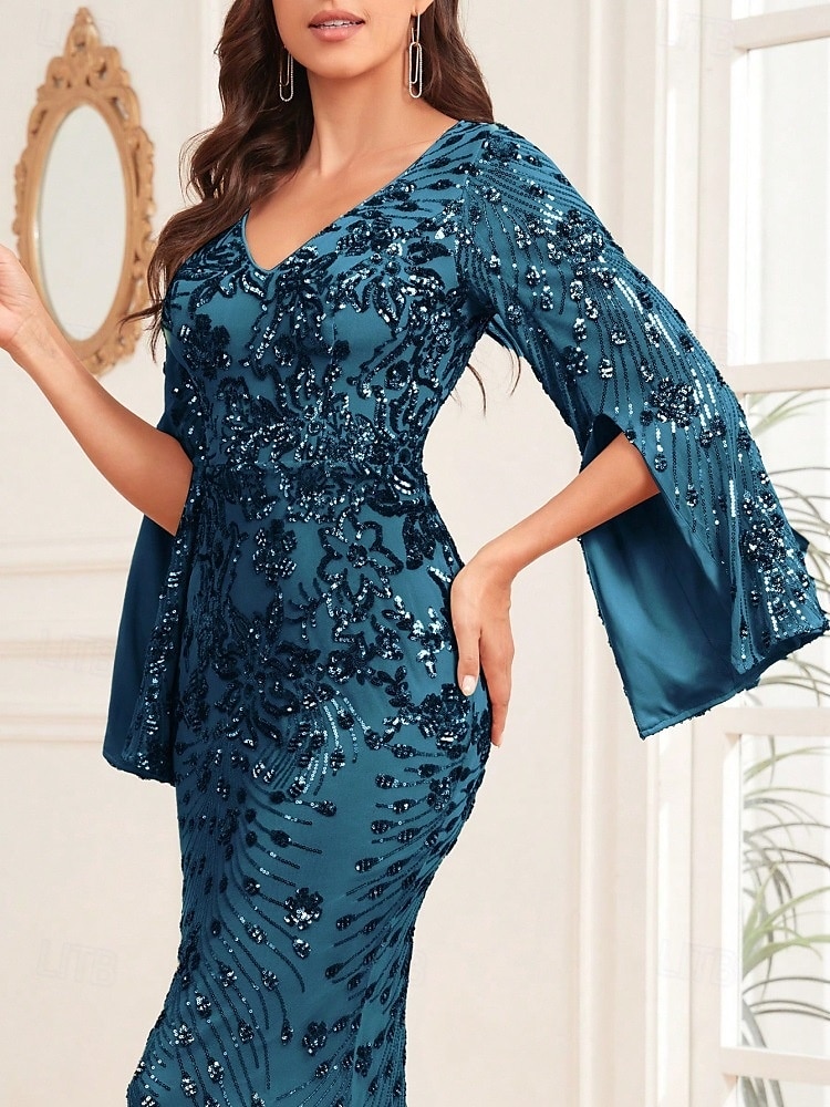 Vestido de Sereia de Noite Vintage Formal Casamento Comprimento do Chão Manga Longa Decote em V com Apliques de 2025 por $129.99 –P3