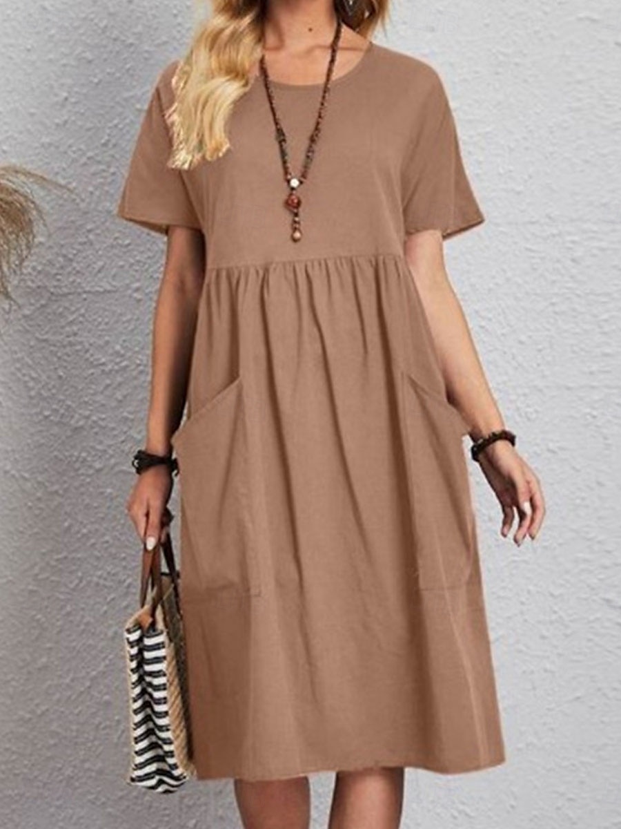 Per donna Abito Midi Abito Lungo Maxi Abito Abiti in cotone e lino Elegante Essenziale Casual Vacanza Feste Lavoro Vestibilità regolare Semplice Manica Corta Girocollo Rosa Marrone chiaro Cachi Blu del 2025 a $6.99 –P9