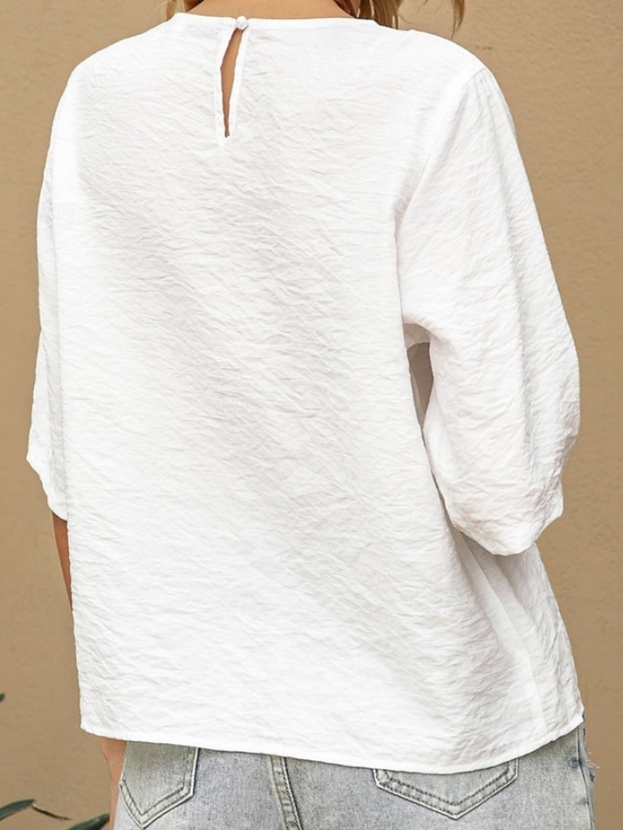 Women's Shirt Blouse Cotton Linen Shirts Solid Color Basic Casual 3/4 Length Sleeve Crew Neck Regular Tops Daily White Summer Spring 2025 - $27.99 –P2