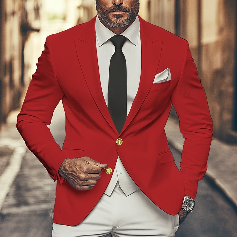 Herr Studenten Kavaj Företag Cocktailfest Bröllopsfest Mode Ledigt Vår & Höst Polyester Ensfärgat Knappar Ficka Bekväm Enkelknäppt Blazer Rubinrött 2025 - $58.99 –P1