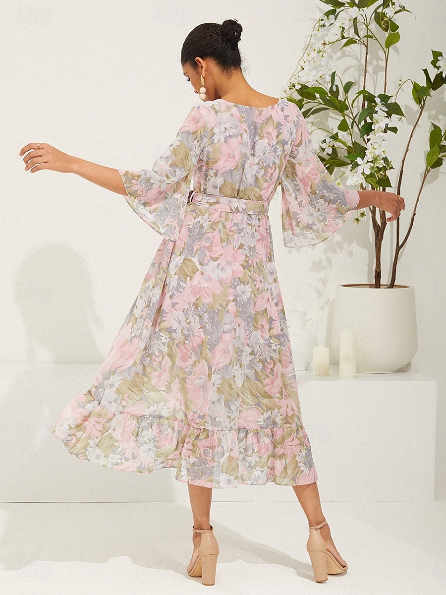 Damen kleid lang Chiffon-Kleid Elegant Stilvoll Flattrige Ärmel Hochzeit Urlaub Täglich Lockere Passform Blumen 3/4 Ärmel V Ausschnitt Rosa Sommer Frühling Herbst 2025 - $61.99 –P2