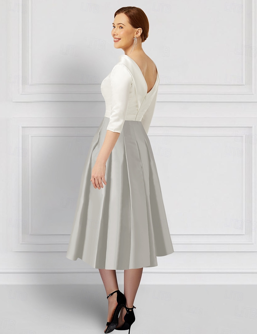 A-Line Dress Mother of the Bride Dress Elegant Vintage Jewel Neck Tea Length Satin 3/4 Length Sleeve with Crystal Brooch Color Block Race Day Dress 2025 - $140.99 –P2