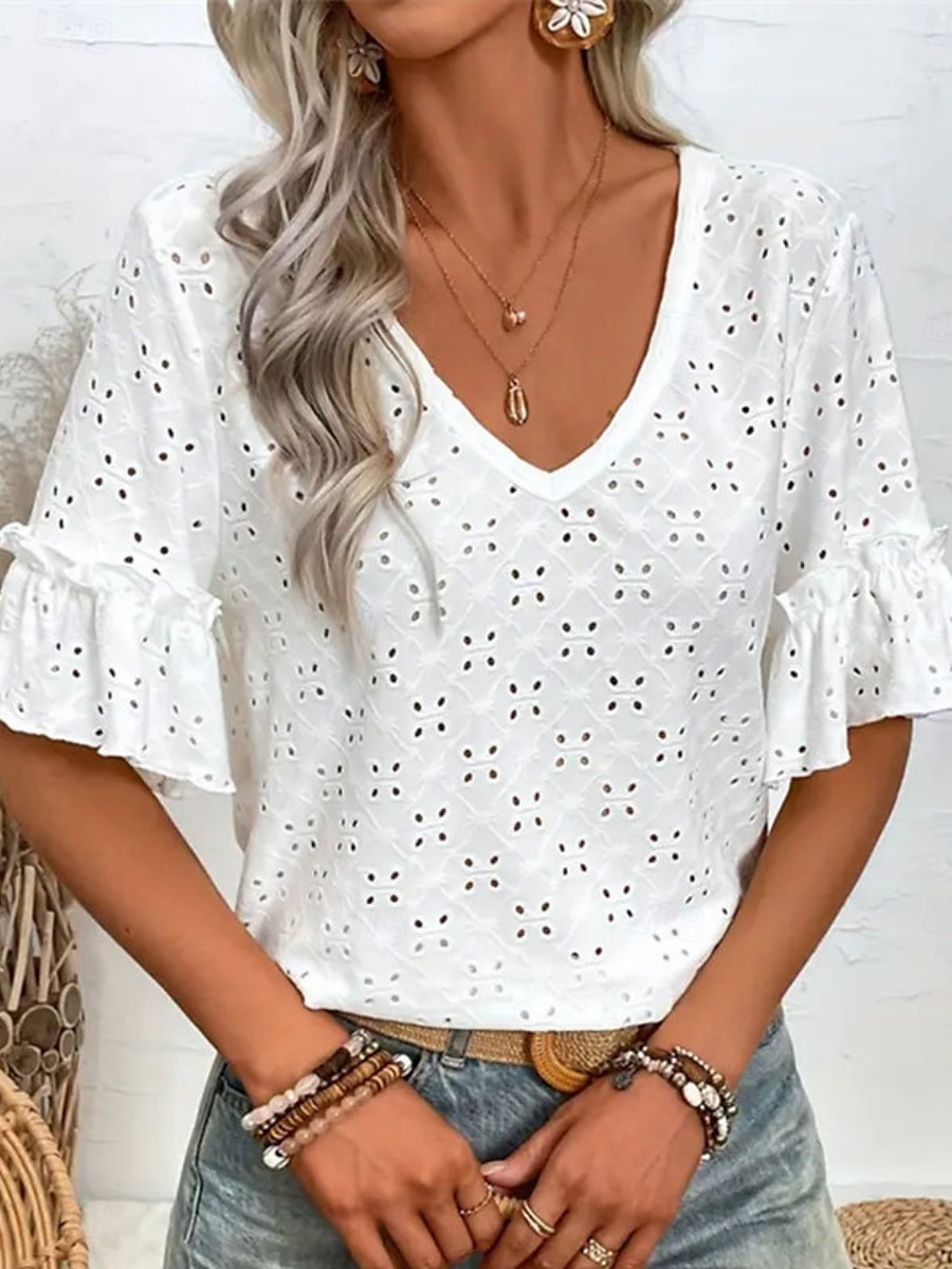Women's White Elegant Lace Tops Eyelet Blouse Casual Plain Regular Tops Half Sleeve V Neck Eyelet Regular Fit Daily Weekend Romantic Petite Tops Summer Holiday Wear White Summer Spring 2025 - $21.99 –P4