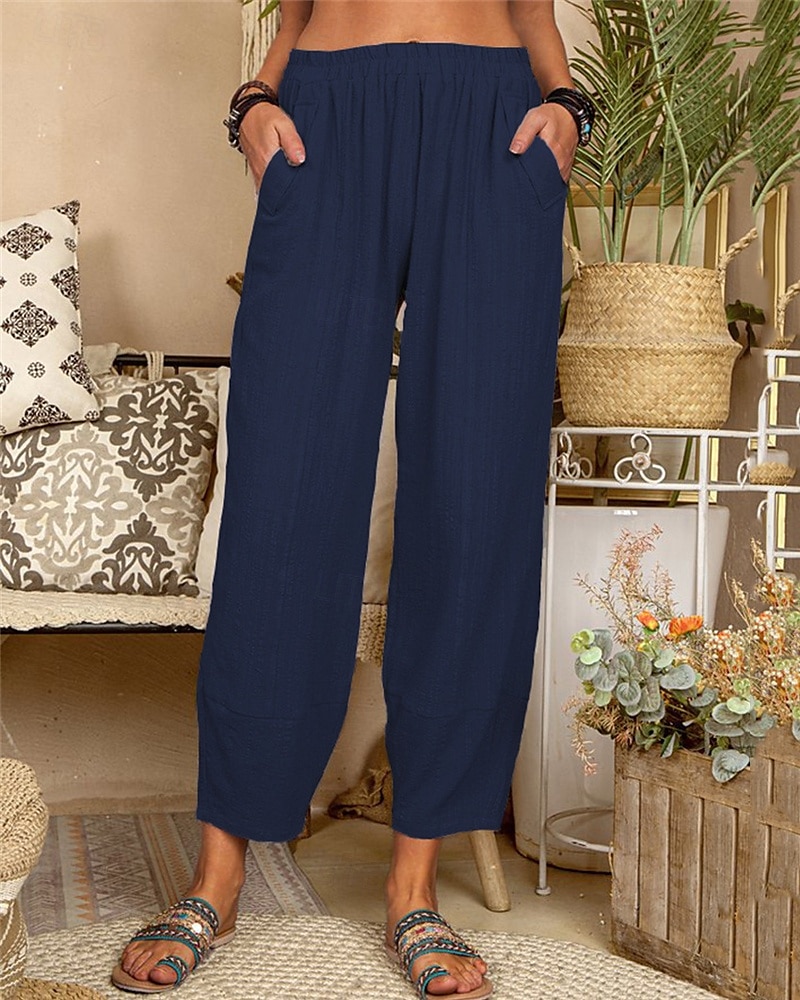 Women's Cotton Linen Pants Pants Trousers Lightweight Casual Ankle-Length High Rise Plain Pocket Breathability Comfortable Inelastic Casual Daily Weekend Wine Navy Black White Summer Spring Regular 2025 - $19.99 –P11