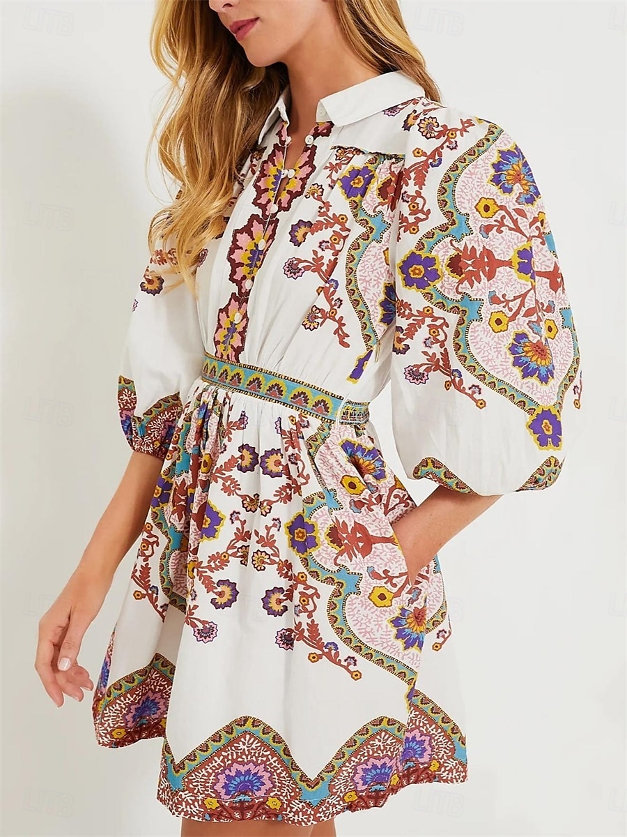Damskie Sukienka mini Sukienka A line Sukienka Boho Elegancja Bohema Śłodkie Latarnia rękawem Urlop Codzienny Randka Luźna Graficzny Rękaw 1/2 W serek Biały Lato Wiosna Jesień 2025 - $37.99 –P3