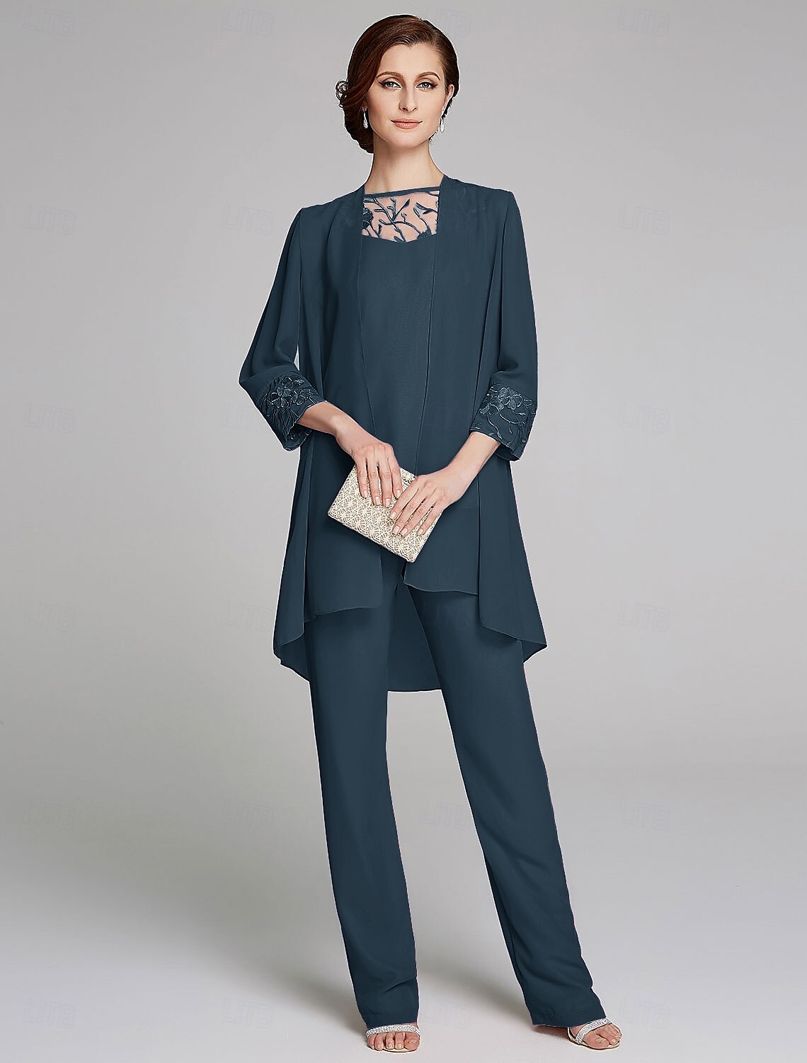 Jumpsuit  Pantssuit Moeder van de Bruid Formele Bruiloft Gast Wrap Inbegrepen Juweel Hals Vloerlengte Chiffon Kant 3/4 Lengte Mouw met Pailletten 2025 gratis op maat 2025 - $155.99 –P6