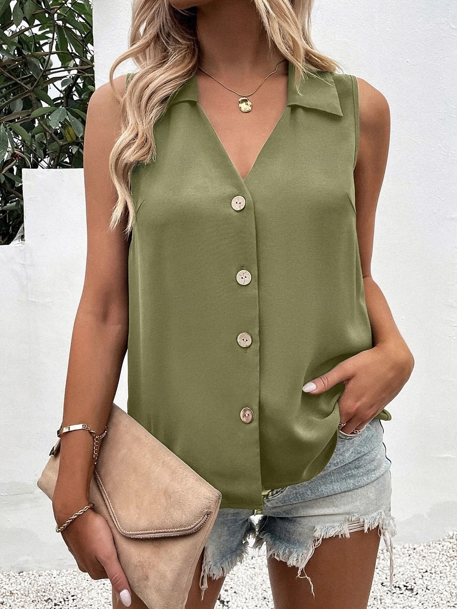 Női top camisole egyszínű stílusos hétköznapi ujjatlan V nyakú normál fazonú napi gombos fehér katona zöld nyár tavasz ősz 2025 - $21.99 –P1