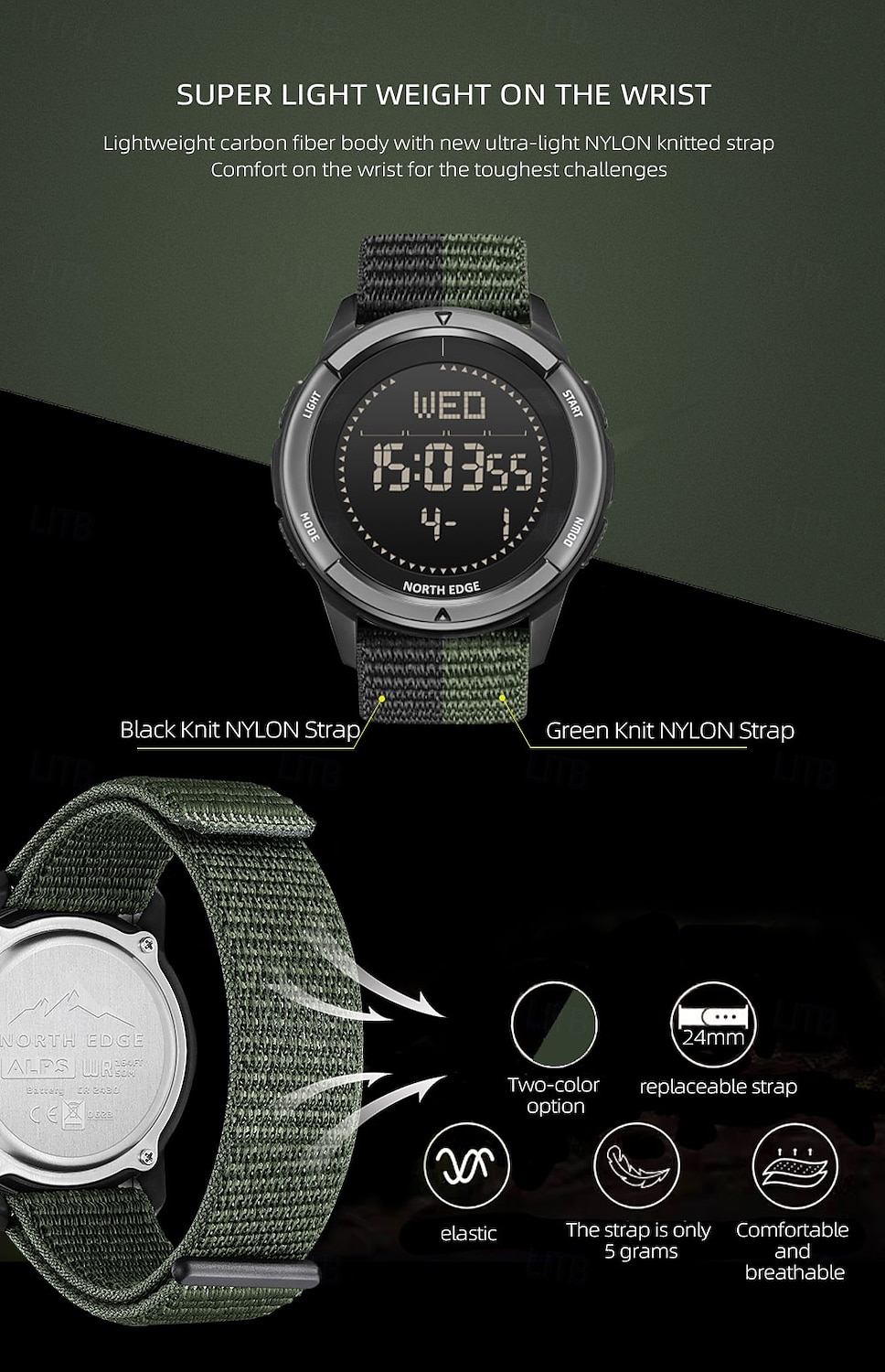 Reloj Digital para Hombre NORTH EDGE Reloj Deportivo Exterior con Brújula Cronómetro Reloj Alarma Reloj de Nylon con Fecha 2025 - $43.99 –P2