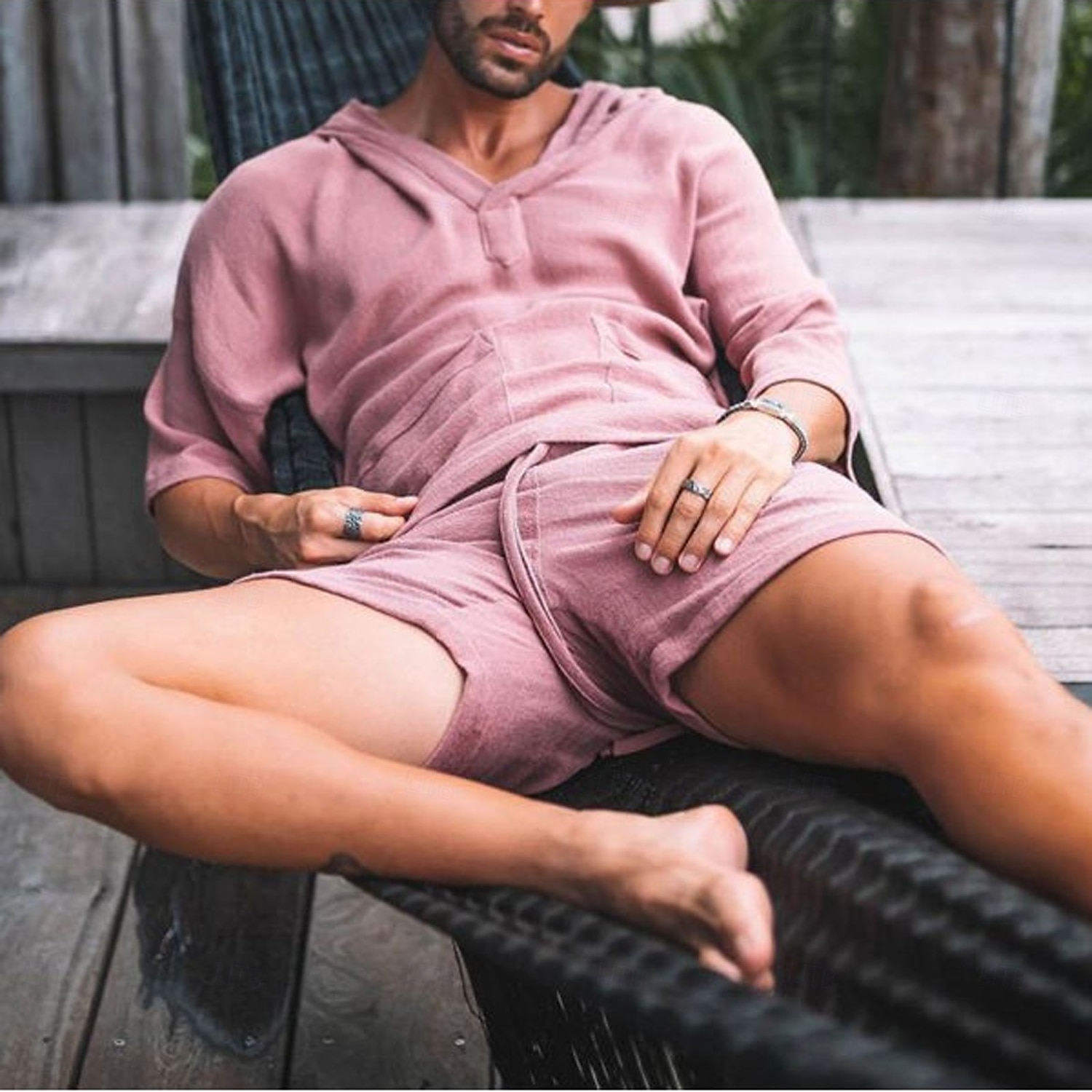 Men's Linen Set Shorts and T Shirt Set 2 Pieces Outfits Short Sleeve Hooded Summer Solid Color Beach Wear Casual 2 Piece Front Pocket Vacation Casual Black Pink White Top Tee for Men 2025 - $26.99 –P2
