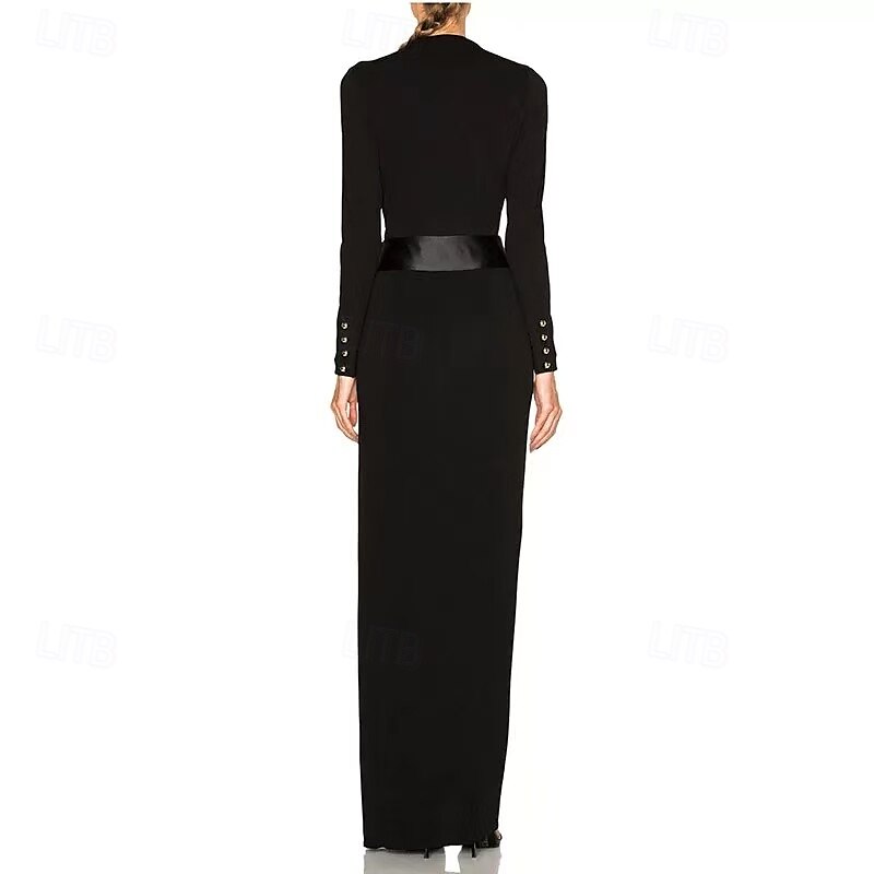 Glockenkleid  Säulenkleid Abendkleid Partykleid Abendparty Black Tie Gala Bodenlang Lange Ärmel V-Ausschnitt Gürtel  Schärpe Baumwollmischung Rückenschnitt mit Faltenraffung Schlitz 2025 - $169.99 –P2