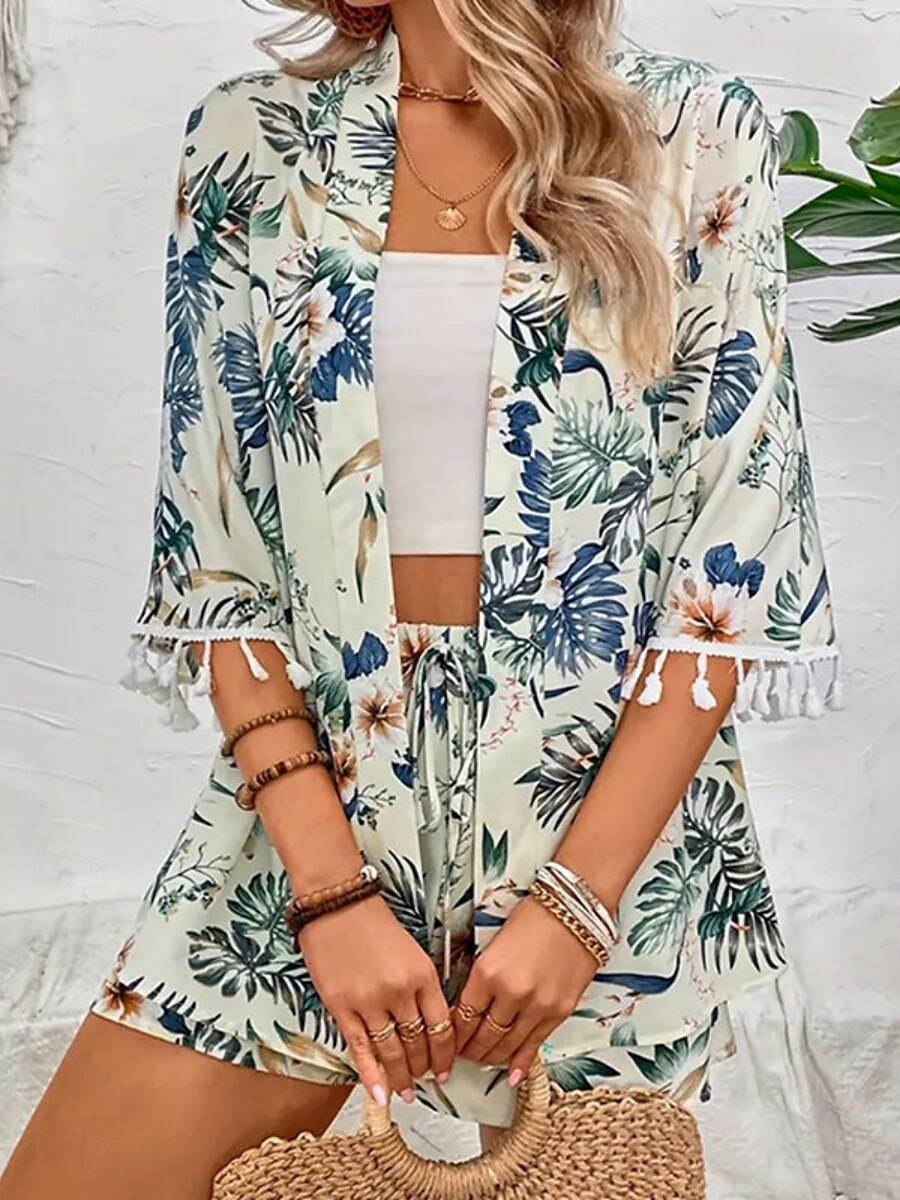 Dam Kostymer Andningsfunktion Bekväm Tofs Mönster Ledigt Blommig Semester Gata Dagliga kläder Utekväll Öppen front Normal Kraglös Normal 3/4 ärm Ytterkläder Vit Sommar Vår 2025 - $26.99 –P6