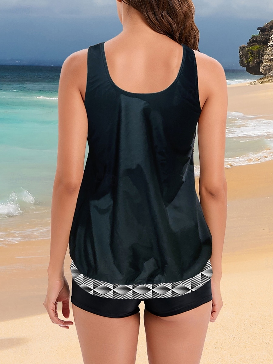Dam Badkläder Tankini 2 st Pojkeben Baddräkt Öppen rygg Hög midja Semester Standkläder Geometrisk U-hals Ärmlös Baddräkter 2025 - $26.99 –P2
