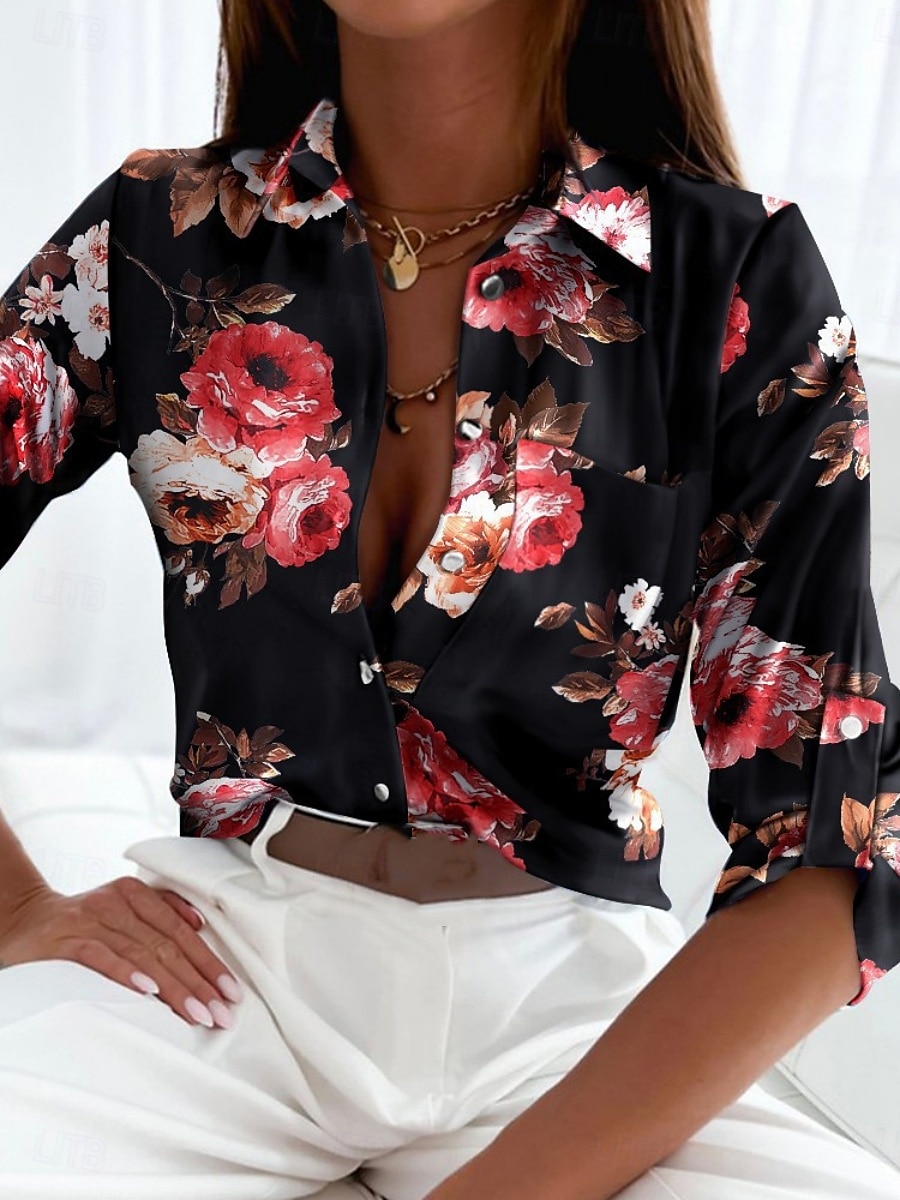 Dame Skjorte Bluse Blomstret Geometrisk Stilfull Fritid Langermet Skjortekrage Vanlige topper Daglig Knapper Trykt mønster Svart Blå Grønn Sommer Vår 2025 - $22.99 –P1