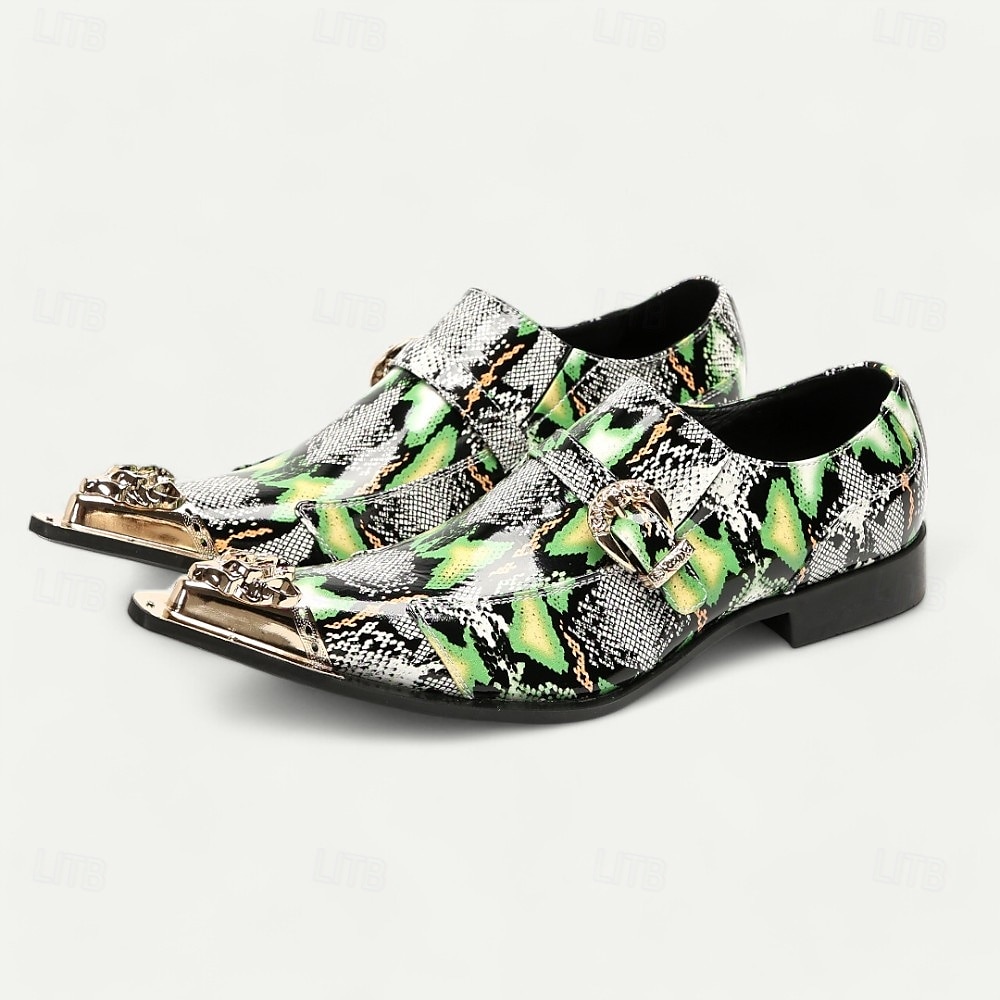 Grüne Slipper für Herren aus Leder mit Schlangenmuster, Metallschnalle und dekorativer Zehenkappe – elegante Schuhe aus hochwertigem Rindsleder im exotischen Stil für Partys und formelle Anlässe 2025 - $119.99 –P1
