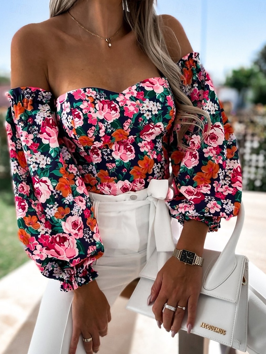 Dames Overhemd Blouse Afdrukken Blote rug Bloemig Stijlvol Casual Lange mouw Strapless Normale tops Dagelijks Zwart Wit Rood Paars Zomer Lente 2026 - $29.99 –P11
