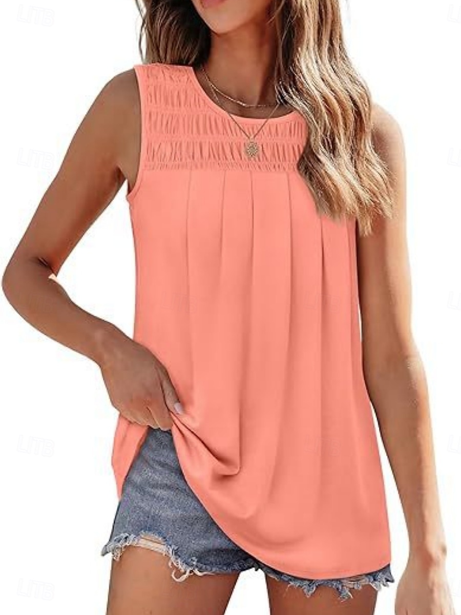 Dames Blouse Effen Kleur Basic Casual Mouwloos Strakke ronde hals Normale tops Dagelijks Met ruches Wit Blozend Roze Zomer 2025 - $22.99 –P1