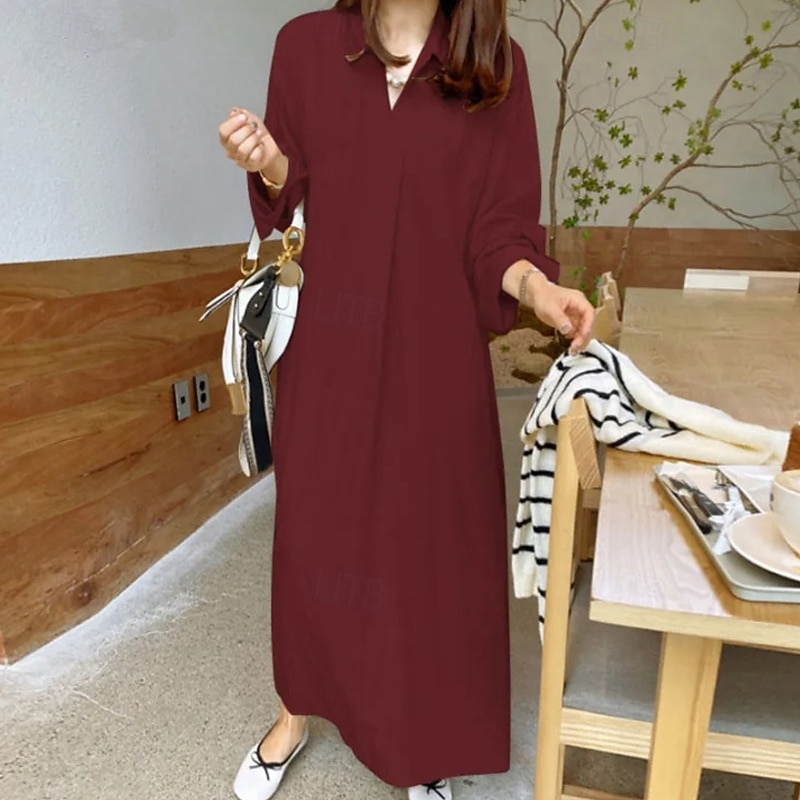 Women's Long Dress Maxi Dress Linen-feel Dresses Faux Cotton Linen Shift Dress Shirt Dress Stylish Casual Daily Vacation Date Regular Fit Plain Long Sleeve Lapel Black Wine Khaki Army Green Summer 2026 - $31.99 –P11