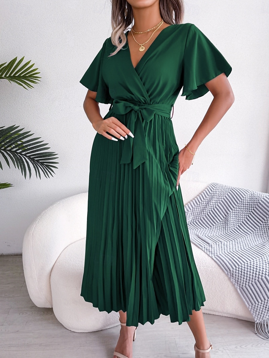 Mulheres Vestido midi Vestido casual Vestido A Line à moda Básico Casual Férias Diário Normal Tecido Manga Curta Decote V Vermelho Verde Verão Primavera de 2025 por $38.99 –P10