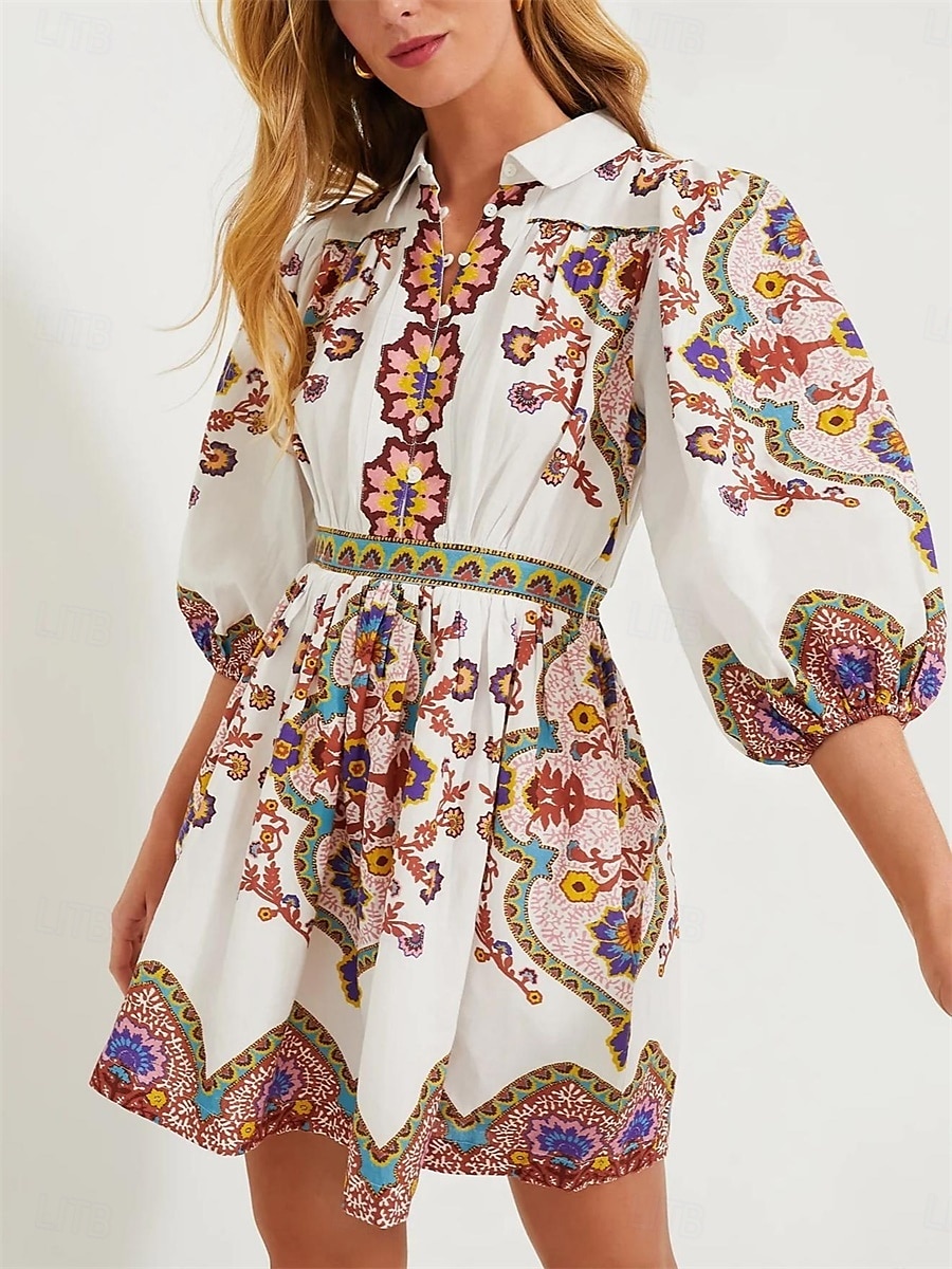 Damskie Sukienka mini Sukienka A line Sukienka Boho Elegancja Bohema Śłodkie Latarnia rękawem Urlop Codzienny Randka Luźna Graficzny Rękaw 1/2 W serek Biały Lato Wiosna Jesień 2025 - $37.99 –P5
