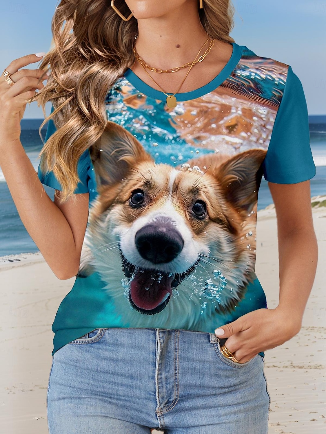 Femme T shirt Animal Chien Décontractées Manche Courte Col Rond Hauts réguliers du quotidien Imprimer Bleu Eté de 2025 ? $19.99 –P1