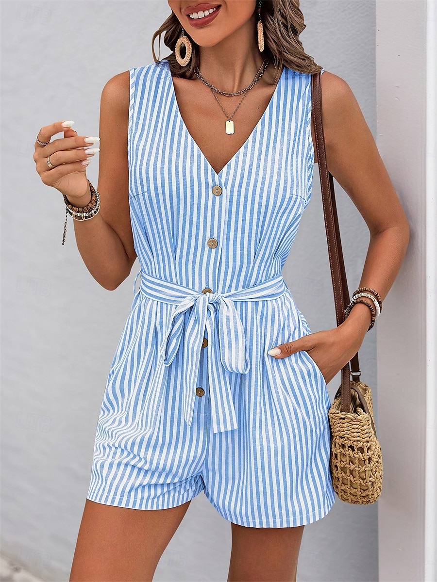 Femme Normal Combishort Actif Rayé Sans Manches Col V Boutons Poche Vacances du quotidien Ample Kaki Bleu clair Eté de 2025 ? $31.99 –P6