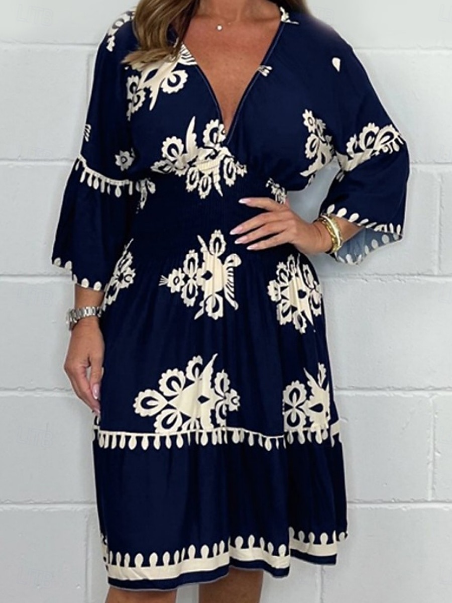 Női Midi ruha hétköznapi ruha Boho elegáns ruhák Boho ruha Csehország Alkalmi Boho Vakáció Napi Tengerpart Laza öltözet Grafika Hosszú ujj V-alakú Fekete Rubin Lóhere Sárgabarack Nyár Tavasz 2025 - $27.99 –P1