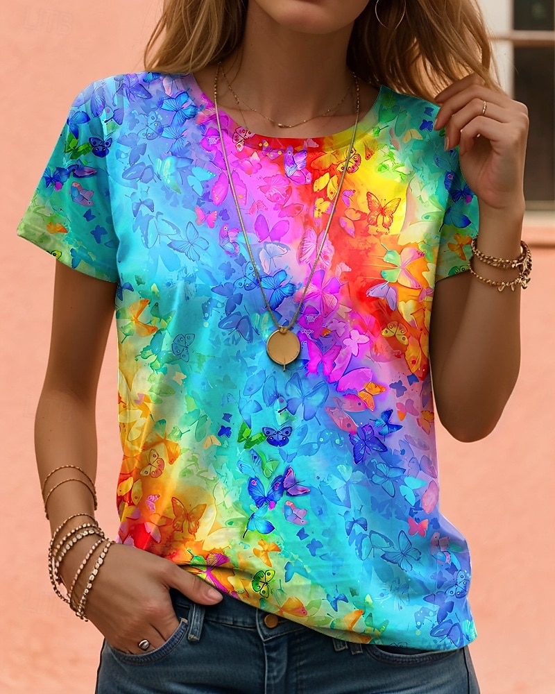 Women's T Shirt Gradient Casual Short Sleeve Round Neck Regular Tops Daily Print Blue Purple Green Rainbow Summer 2025 - $19.99 –P1