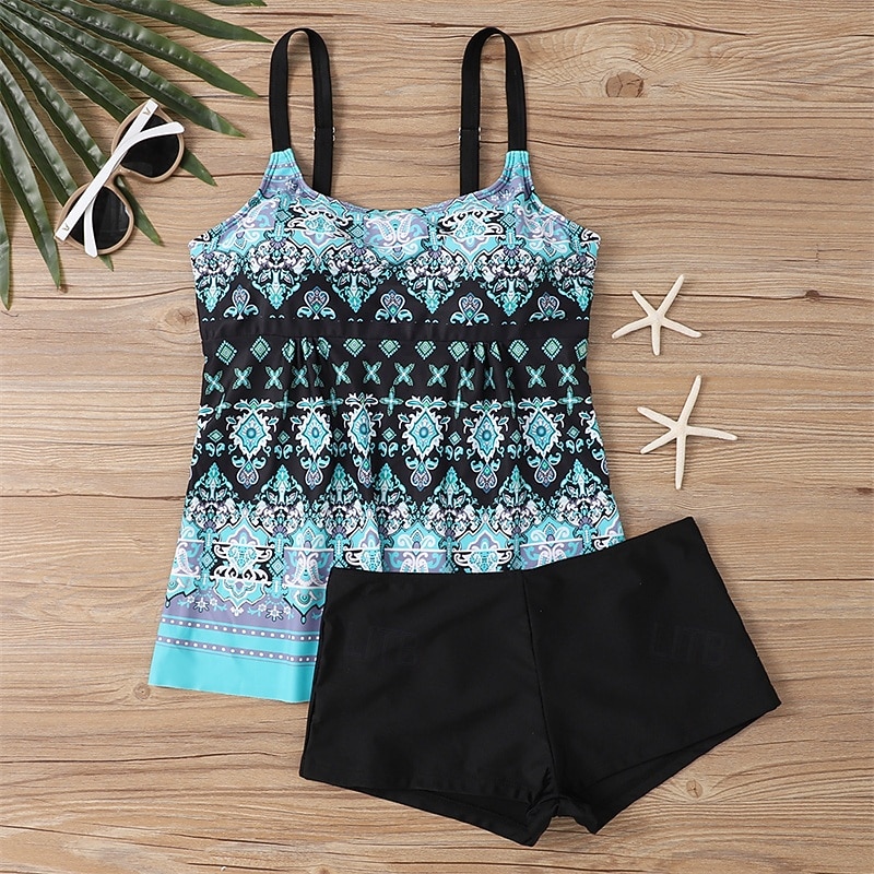 Dam Tankini Tvådelad baddräkt Badkläder Blommig Badkläder Svart Blå Andningsfunktion Snabb tork Lättvikt Ärmlös - Simmning Surfing Strand Sommar Vår Plusstorlekar 2026 - $26.99 –P6
