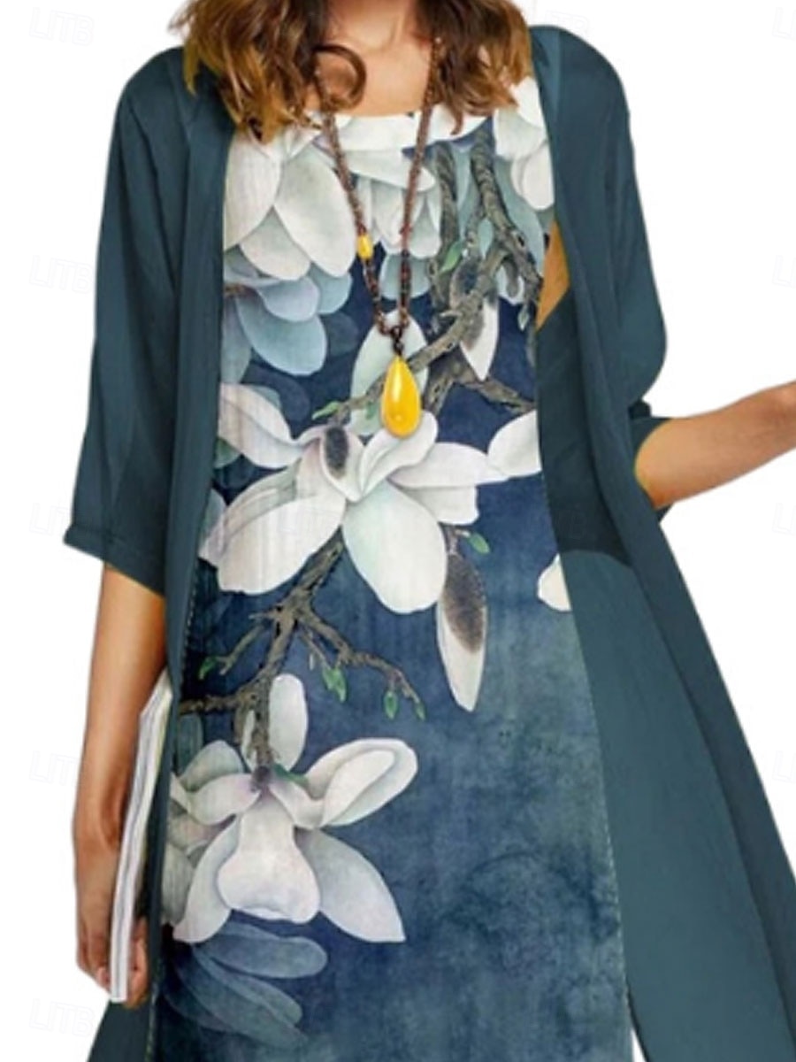 Pentru femei Set de rochii Rochie casual Elegant Modă Floral Imprimeu Asimetric Rochii Midi Manșon Lung Stil Nautic În aer liber Vacanță Albastru piscină Mov Albastru Închis Vară Primăvară Fit regulat 2025 - $36.99 –P2