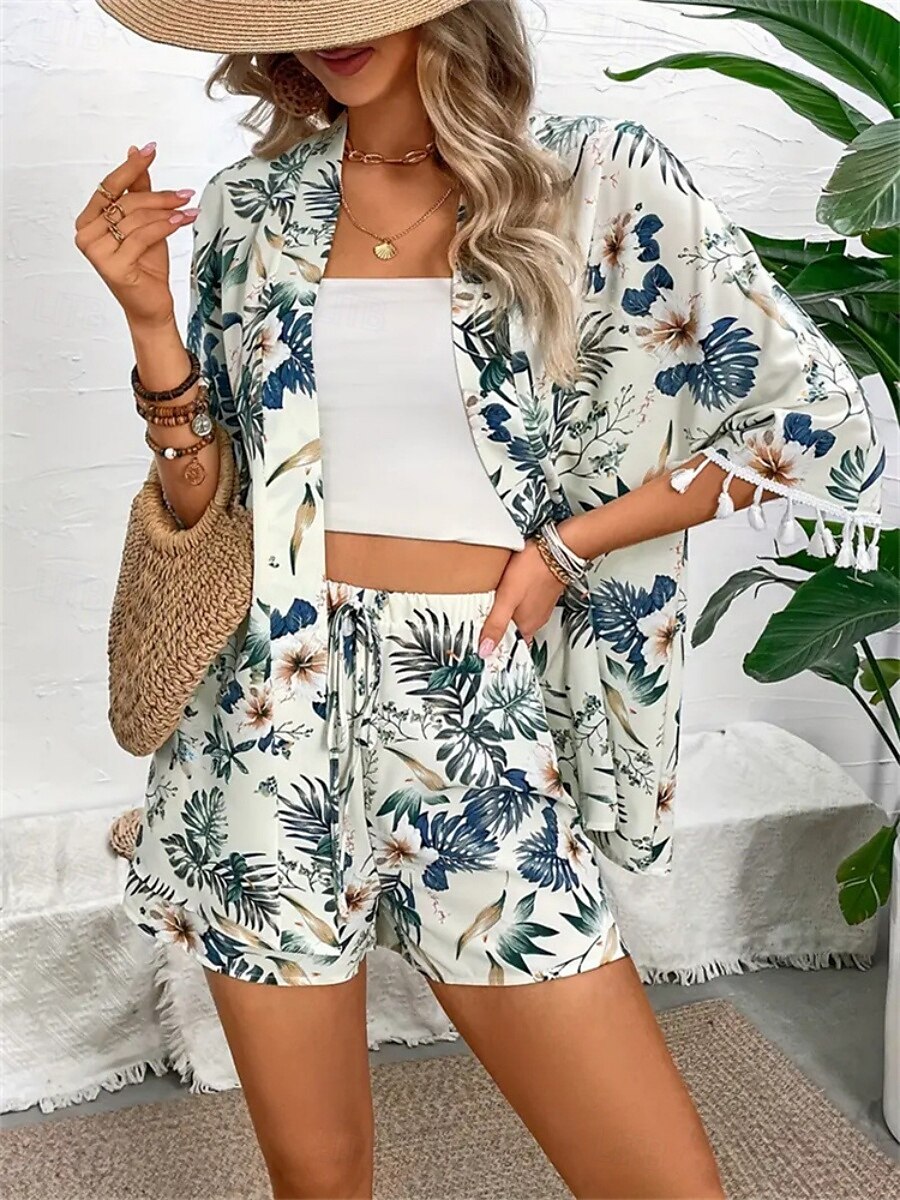 Dam Kostymer Andningsfunktion Bekväm Tofs Mönster Ledigt Blommig Semester Gata Dagliga kläder Utekväll Öppen front Normal Kraglös Normal 3/4 ärm Ytterkläder Vit Sommar Vår 2025 - $26.99 –P10