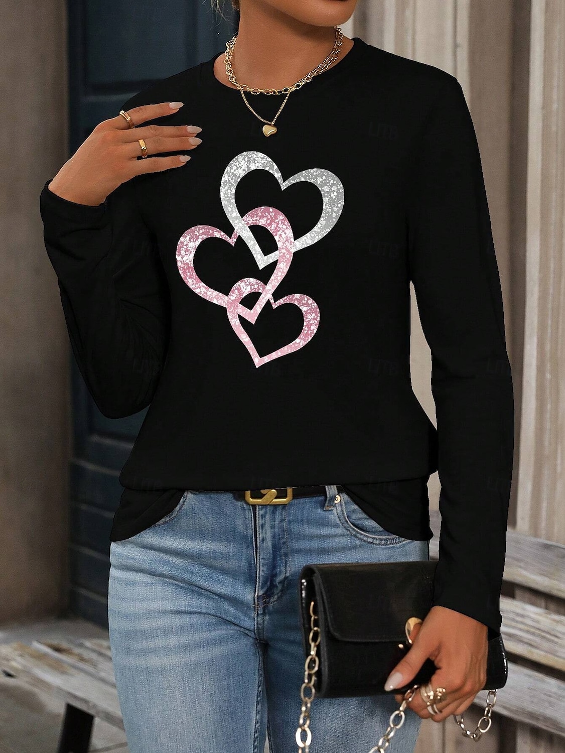 Femme T shirt Cœur Décontractées manche longue Col Rond Hauts réguliers du quotidien Fin de semaine Imprimer Noir Automne Hiver de 2025 ? $22.99 –P3